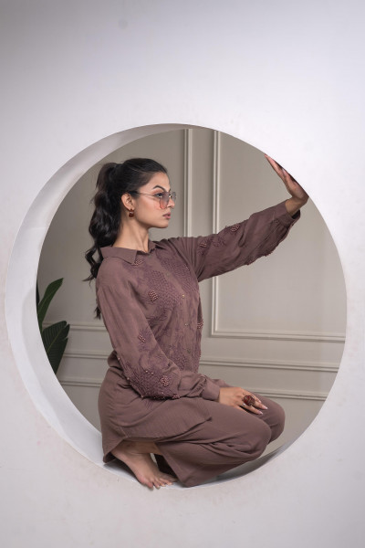 Brown Embellished Viscose Co-ord Set with Bead Details