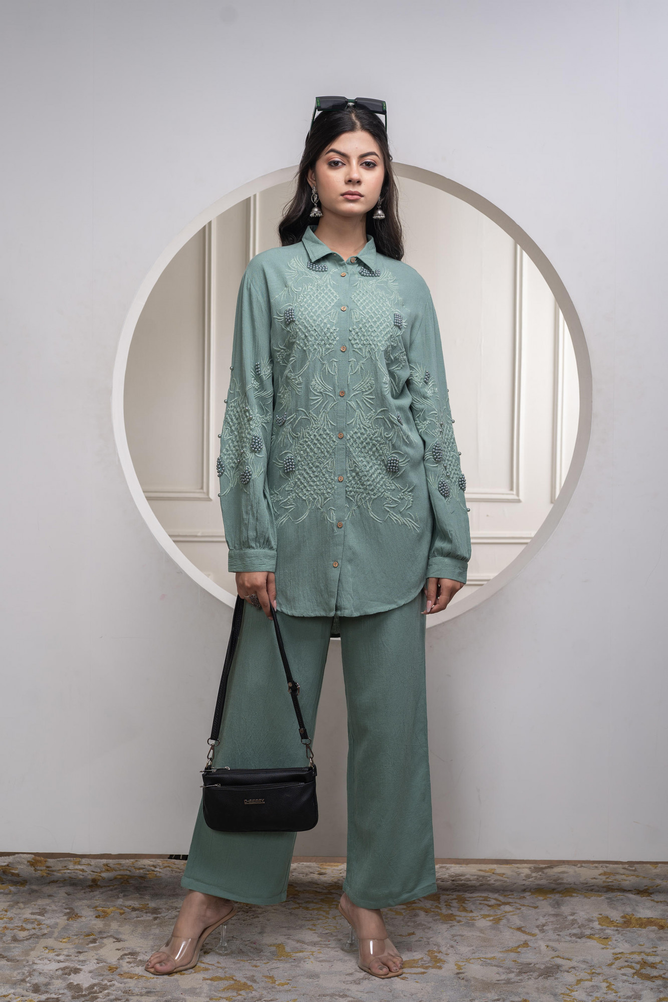 Sage Green Embellished Viscose Co-ord Set with Bead Details