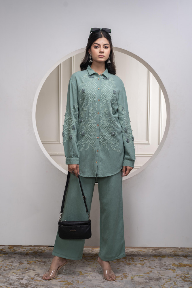 Sage Green Embellished Viscose Co-ord Set with Bead Details