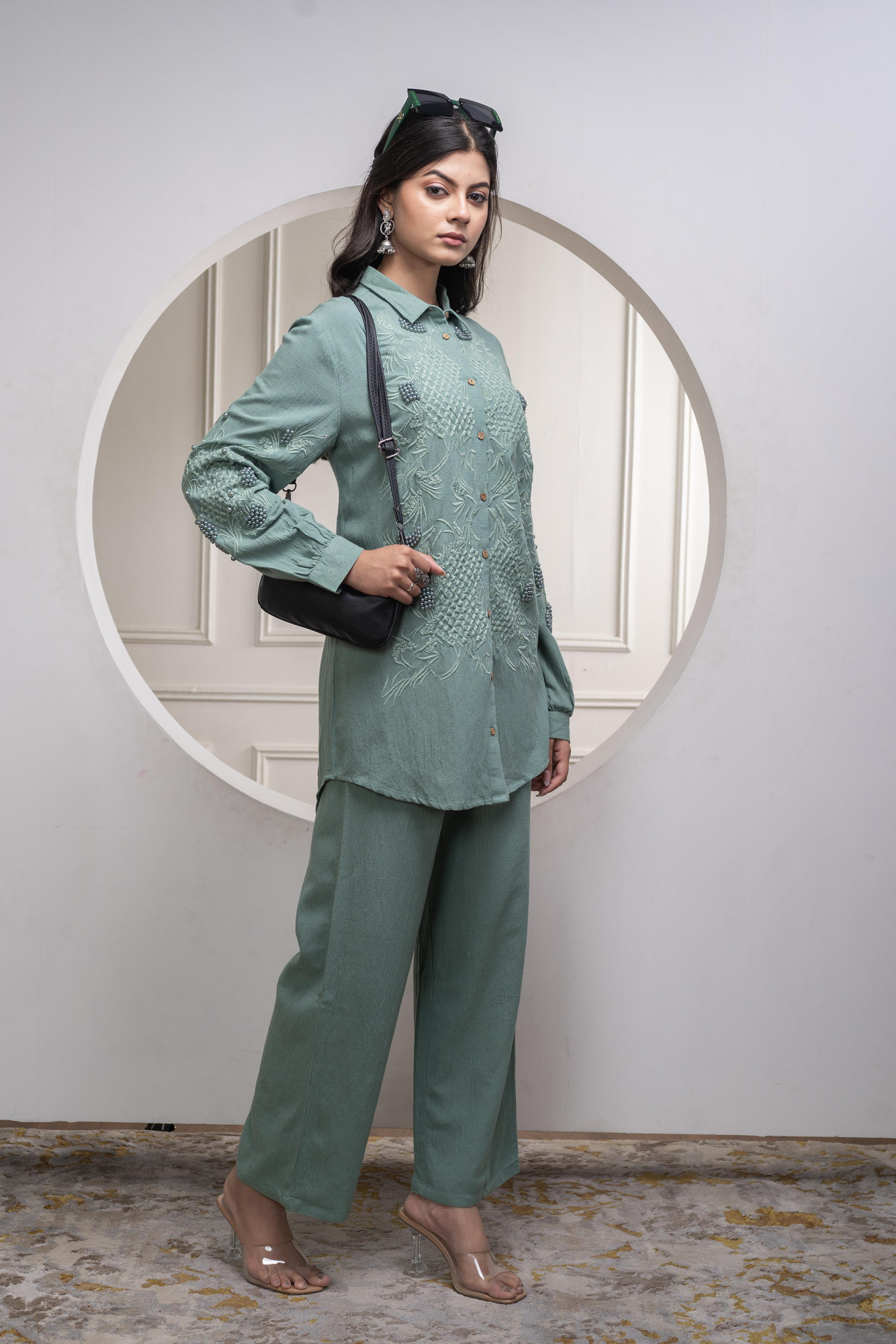Sage Green Embellished Viscose Co-ord Set with Bead Details