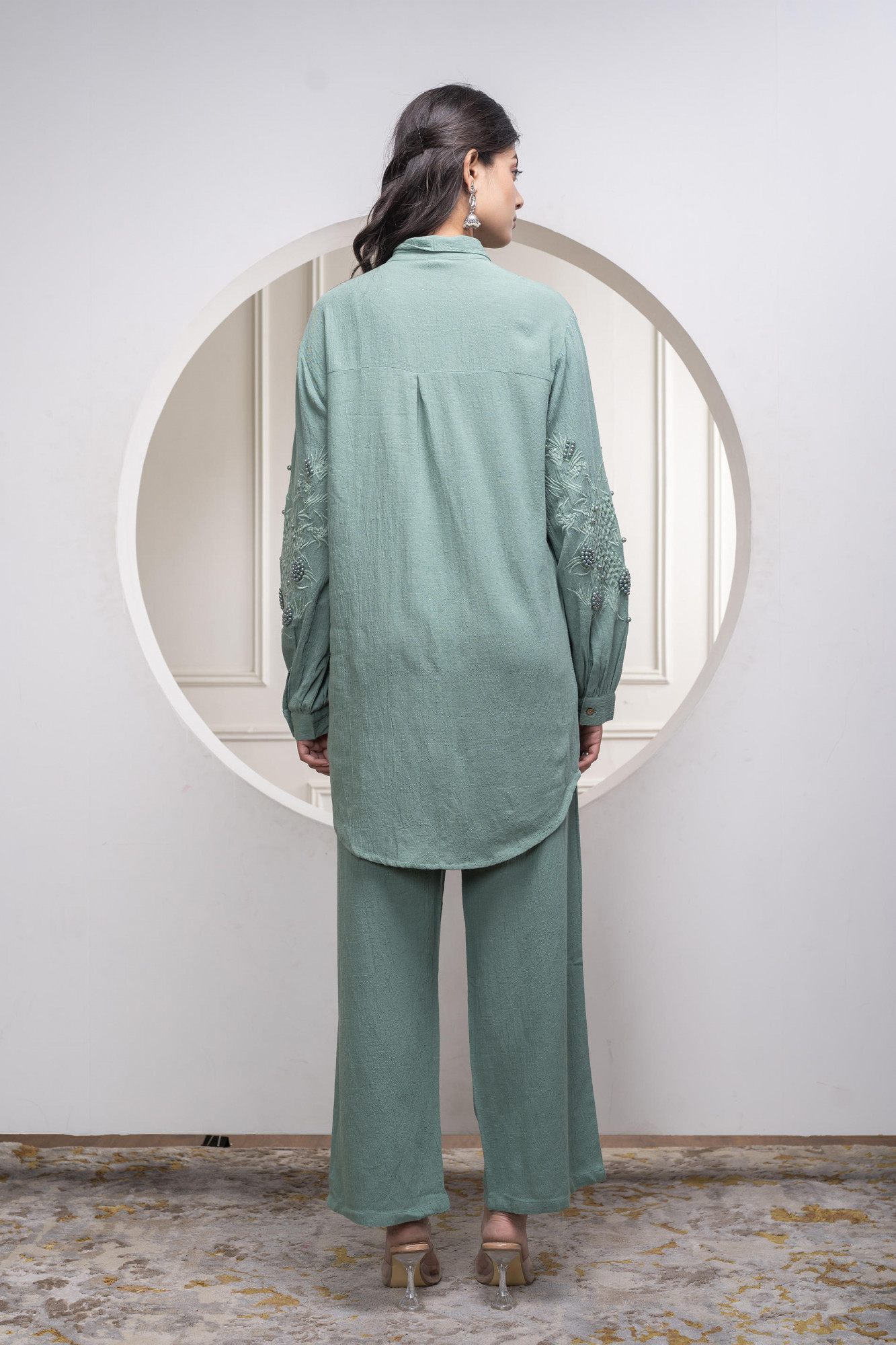 Sage Green Embellished Viscose Co-ord Set with Bead Details