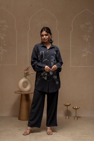 Grey Embroidered Viscose Co-ord Set with Thread Work Detailing