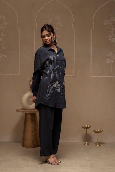 Grey Embroidered Viscose Co-ord Set with Thread Work Detailing