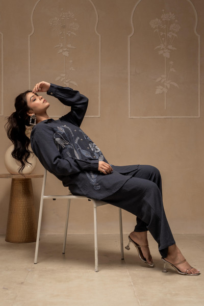 Grey Embroidered Viscose Co-ord Set with Thread Work Detailing