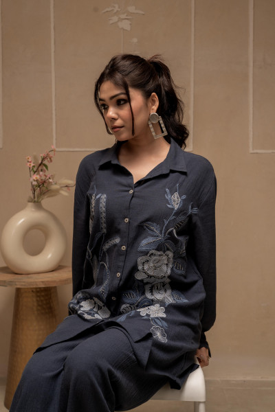 Grey Embroidered Viscose Co-ord Set with Thread Work Detailing