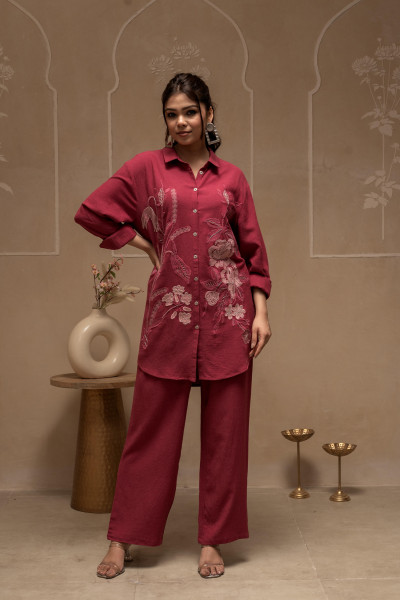 Rose Pink Embroidered Viscose Co-ord Set with Thread Work Detailing