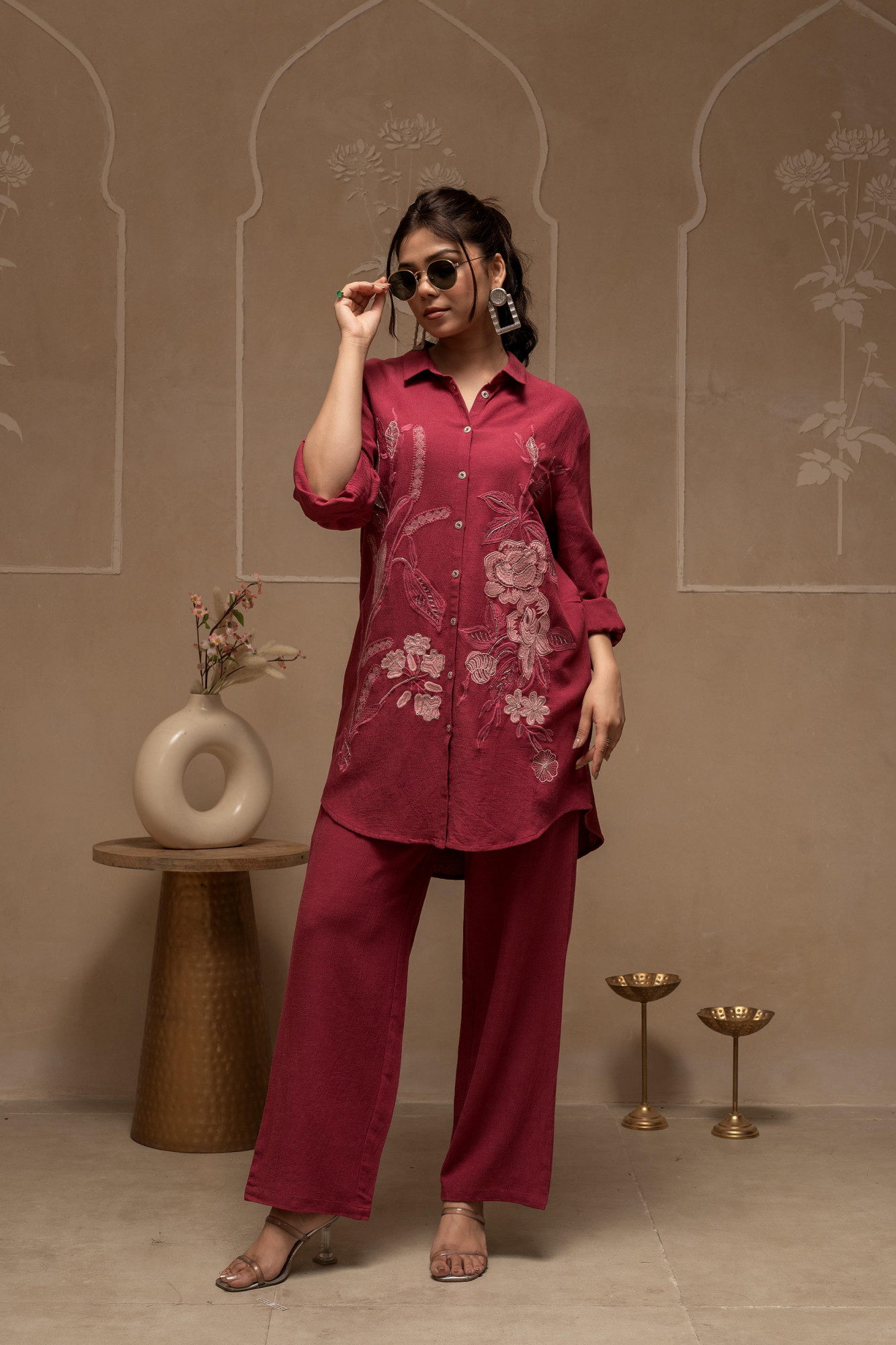 Rose Pink Embroidered Viscose Co-ord Set with Thread Work Detailing