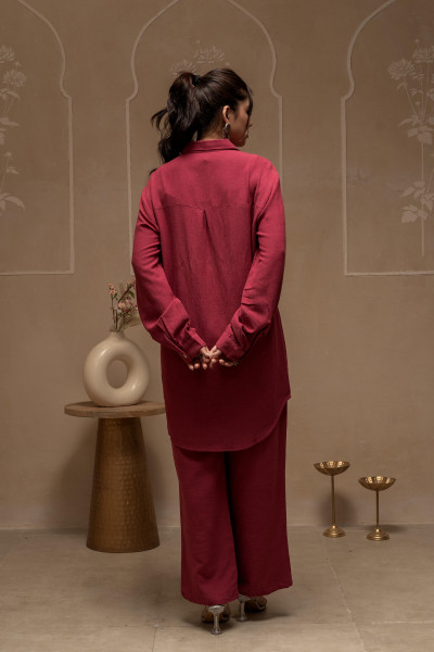 Rose Pink Embroidered Viscose Co-ord Set with Thread Work Detailing