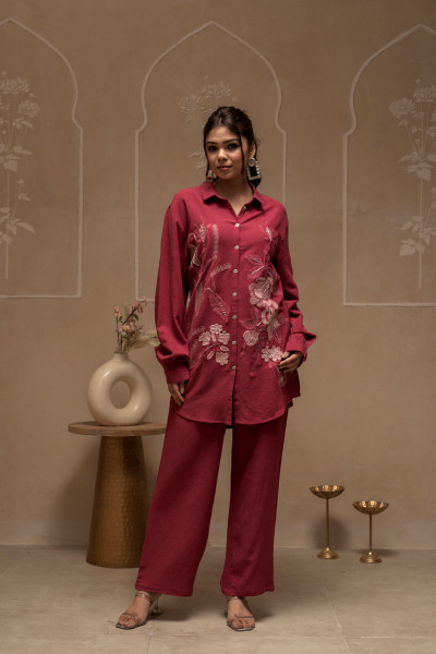 Rose Pink Embroidered Viscose Co-ord Set with Thread Work Detailing