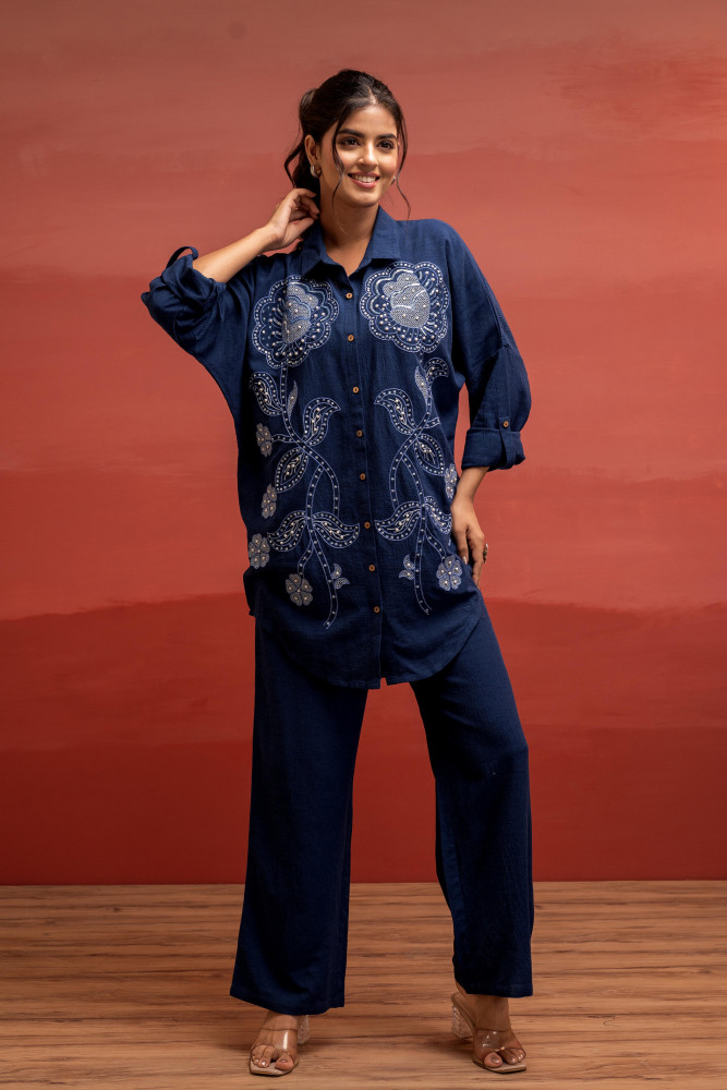 Viscose Linen Indigo Embroidered Shirt and Pant Co-Ord Set with Thared Work