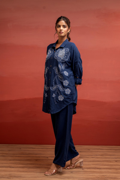 Viscose Linen Indigo Embroidered Shirt and Pant Co-Ord Set with Thared Work