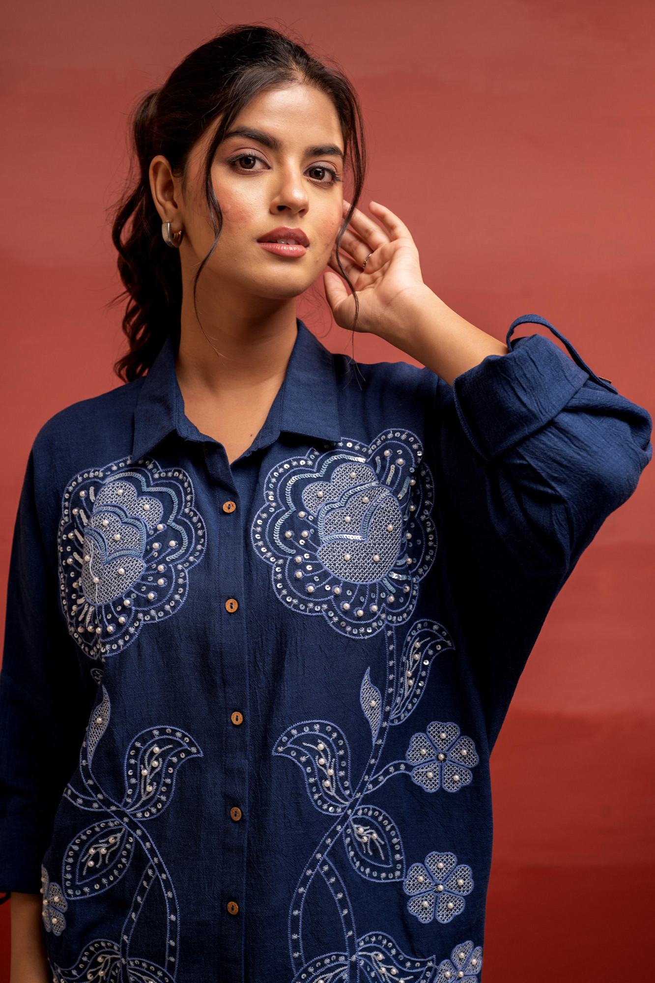 Viscose Linen Indigo Embroidered Shirt and Pant Co-Ord Set with Thared Work