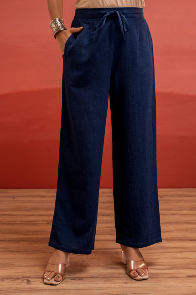 Viscose Linen Indigo Embroidered Shirt and Pant Co-Ord Set with Thared Work