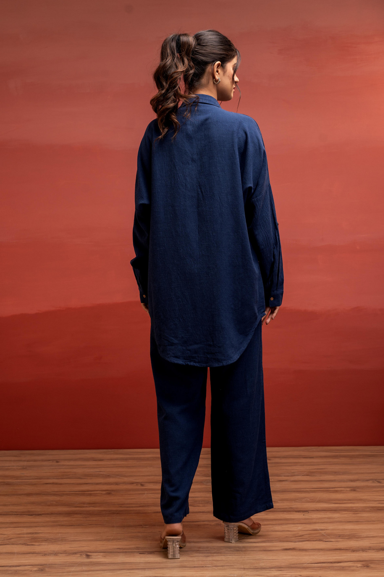 Viscose Linen Indigo Embroidered Shirt and Pant Co-Ord Set with Thared Work