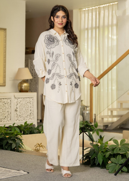Off-White Embroidered Viscose-Linen Co-ord Set with Bead & Thread Work