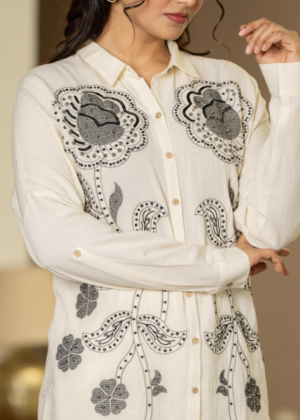 Off-White Embroidered Viscose-Linen Co-ord Set with Bead & Thread Work