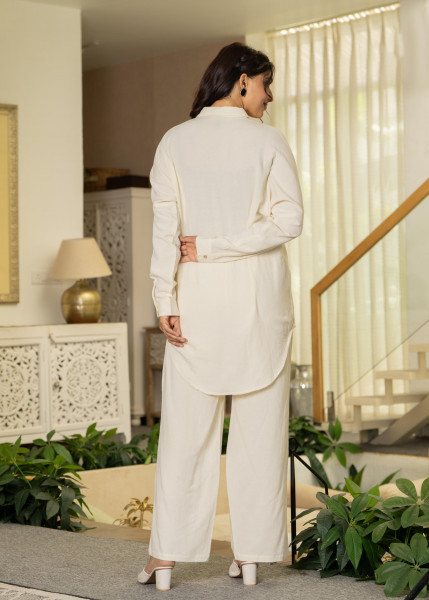 Off-White Embroidered Viscose-Linen Co-ord Set with Bead & Thread Work