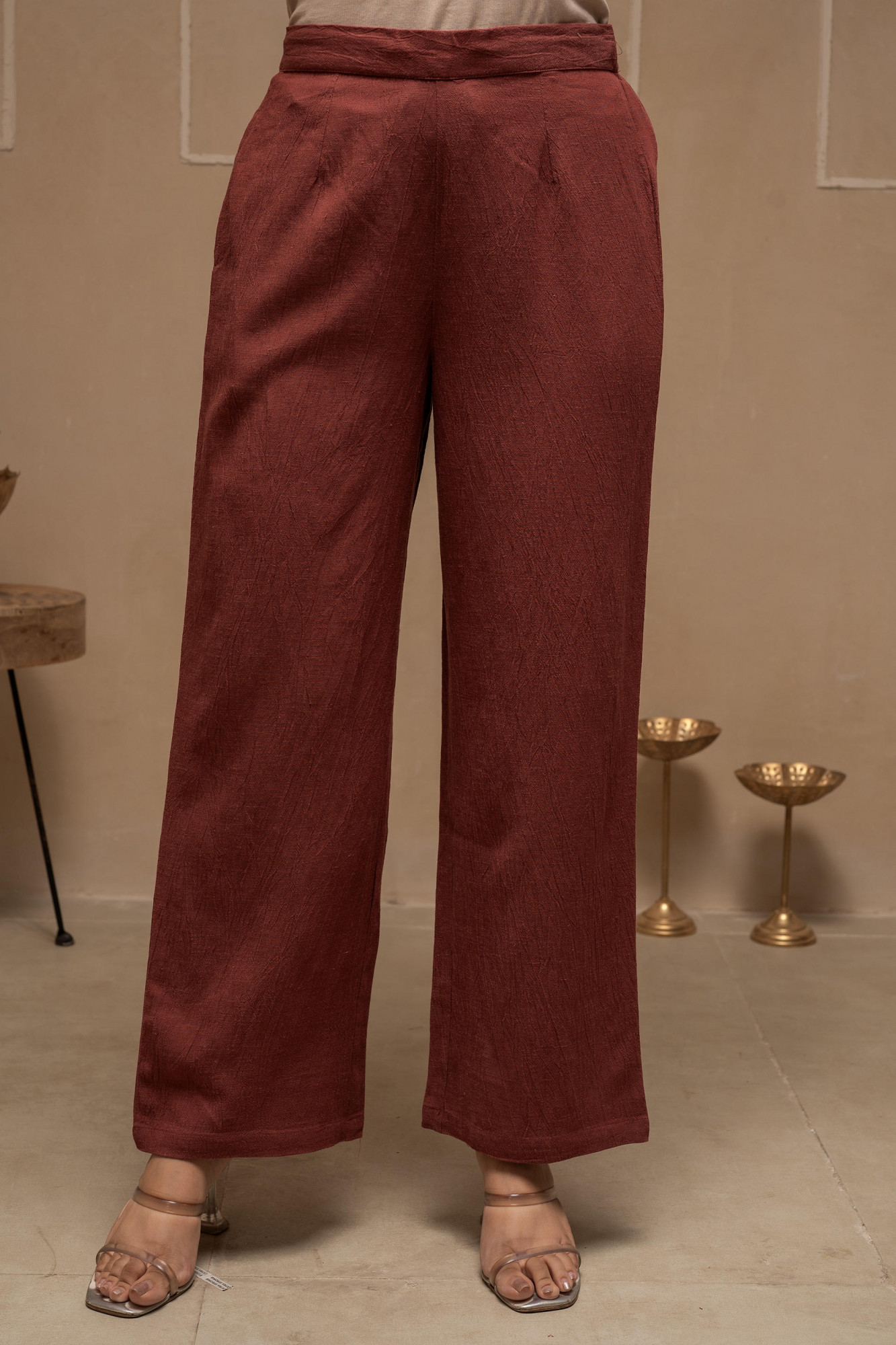 Brown Embellished Viscose-Linen Co-ord Set with Sequin Detailing