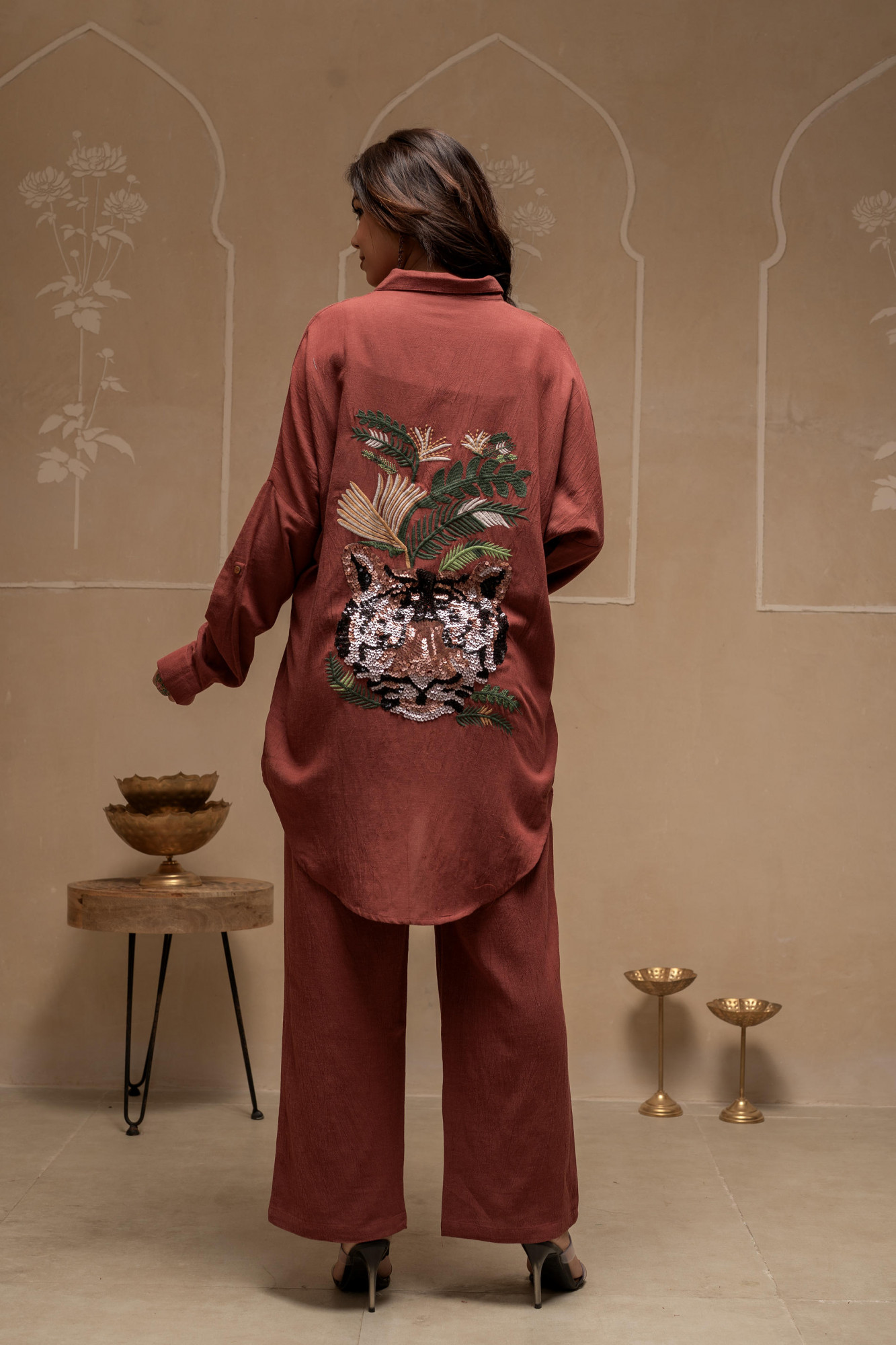 Brown Embellished Viscose-Linen Co-ord Set with Sequin Detailing