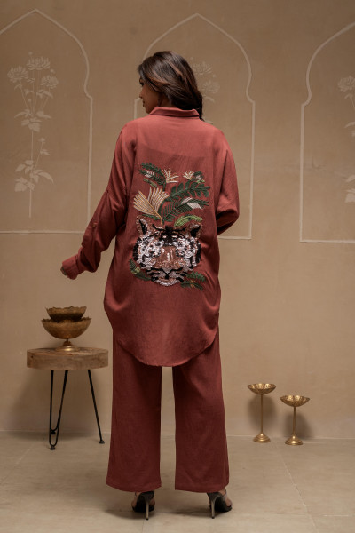 Brown Embellished Viscose-Linen Co-ord Set with Sequin Detailing