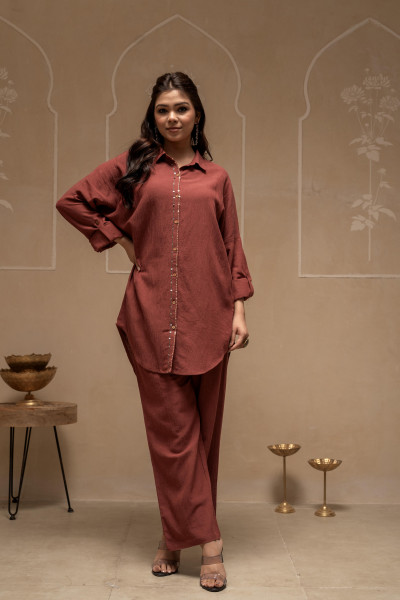 Brown Embellished Viscose-Linen Co-ord Set with Sequin Detailing