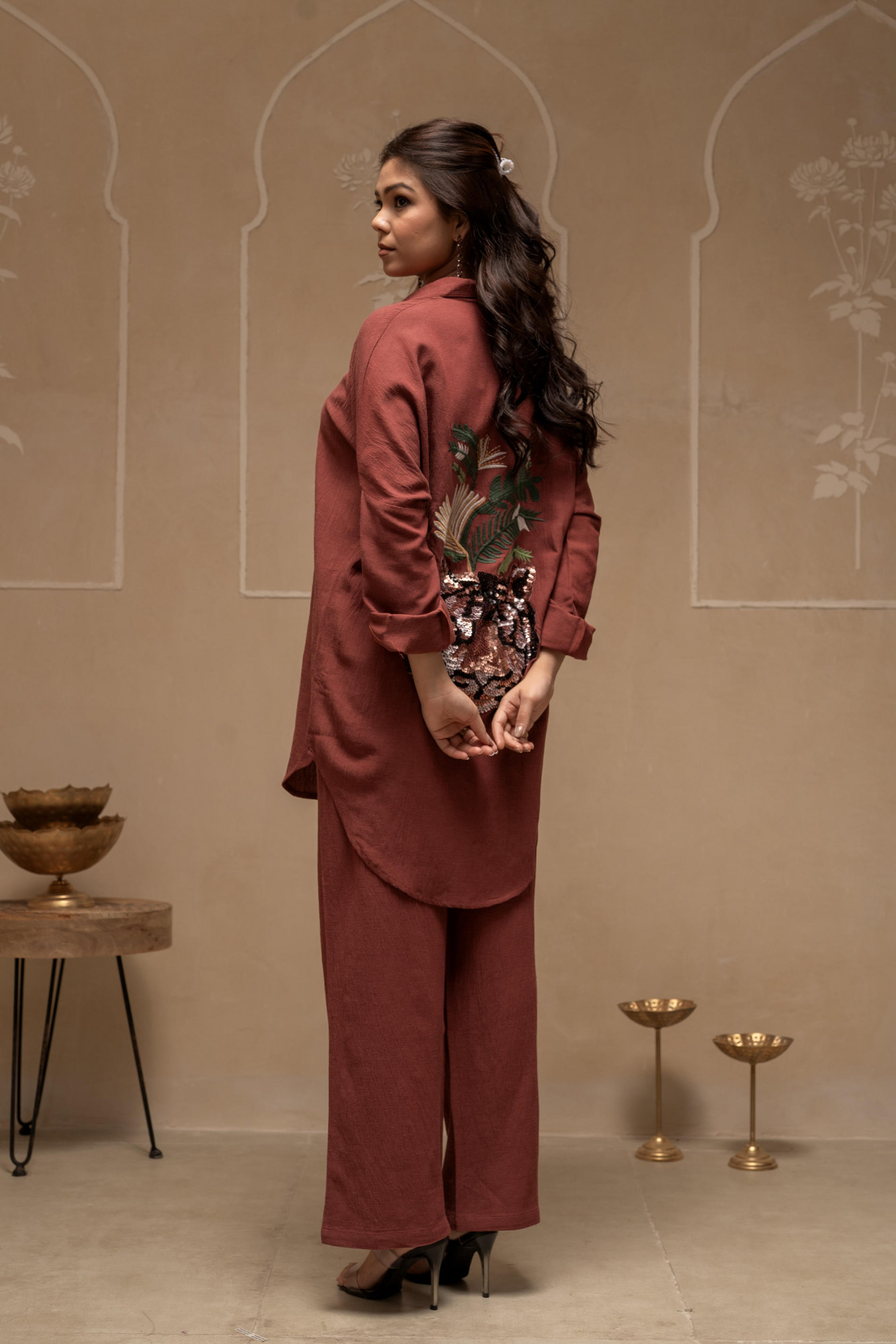 Brown Embellished Viscose-Linen Co-ord Set with Sequin Detailing