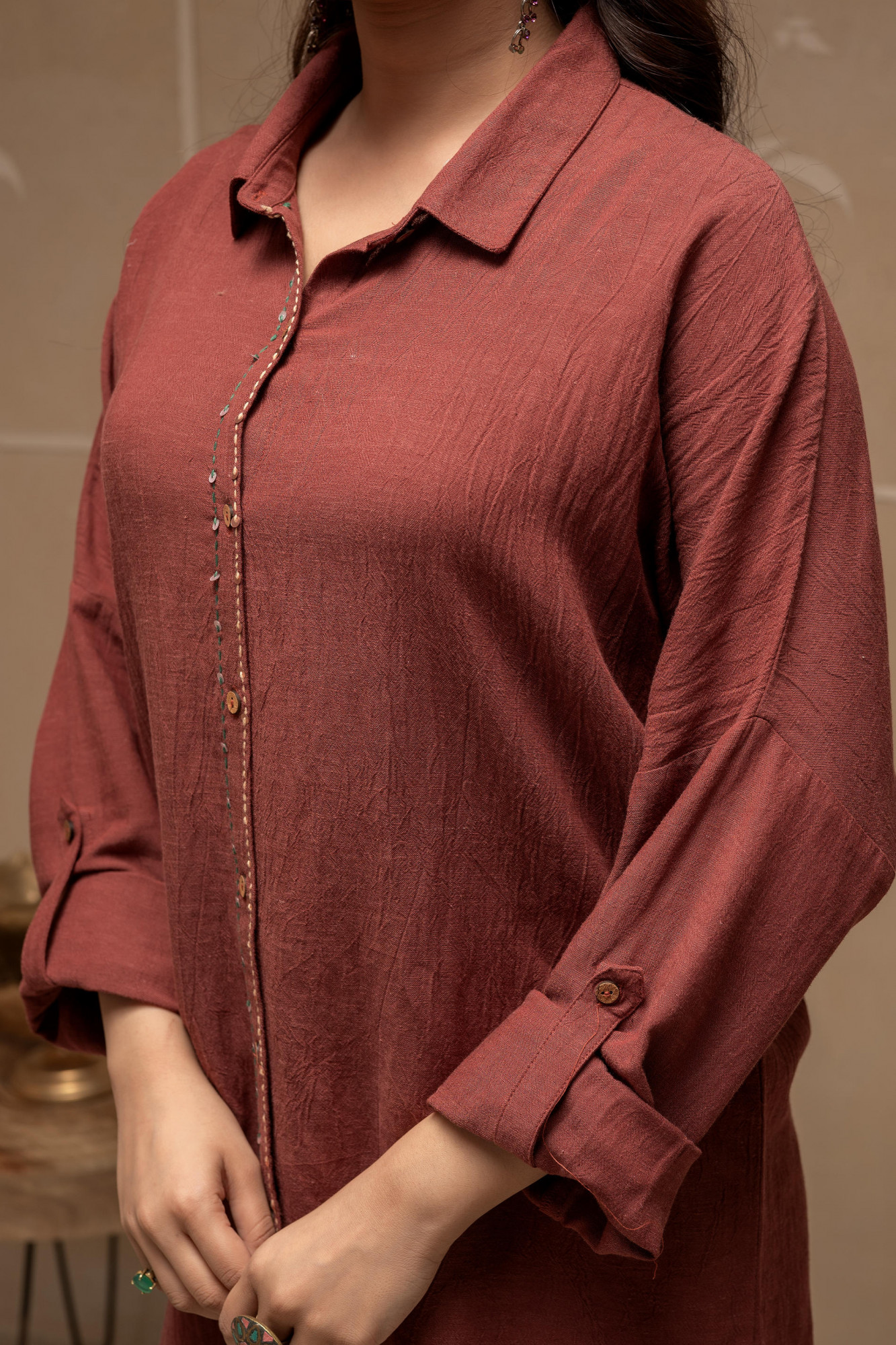 Brown Embellished Viscose-Linen Co-ord Set with Sequin Detailing