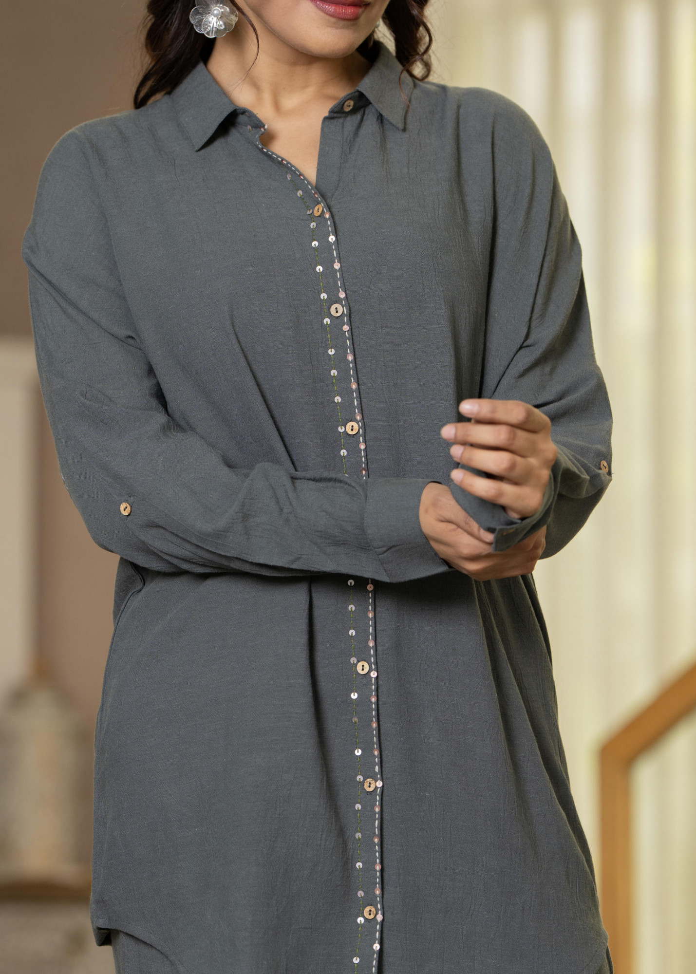 Grey Embellished Viscose-Linen Co-ord Set with Sequin Detailing