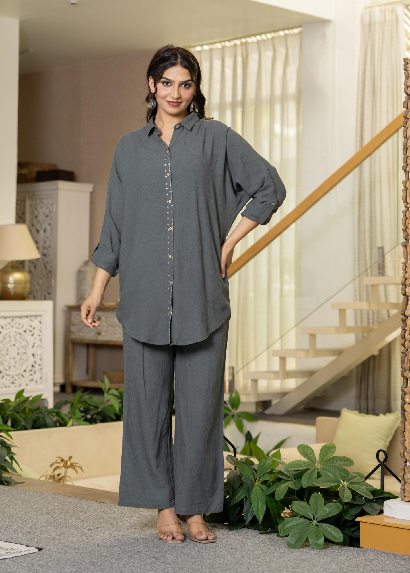 Grey Embellished Viscose-Linen Co-ord Set with Sequin Detailing