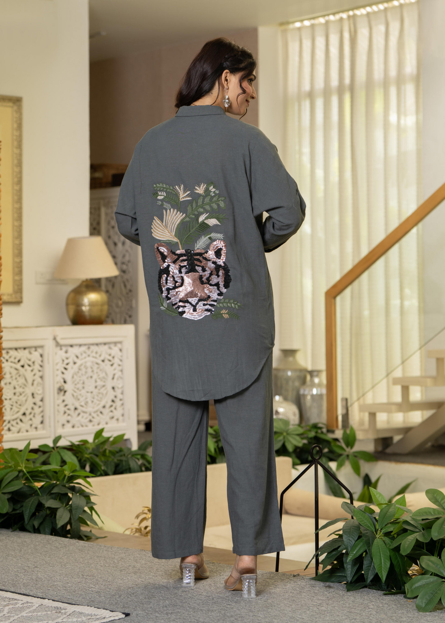 Grey Embellished Viscose-Linen Co-ord Set with Sequin Detailing