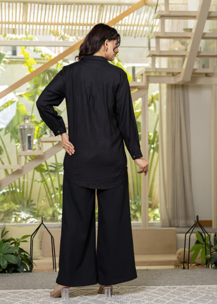 Viscose Linen Black Embroidered Shirt and Pant Co-Ord Set with Thared Work