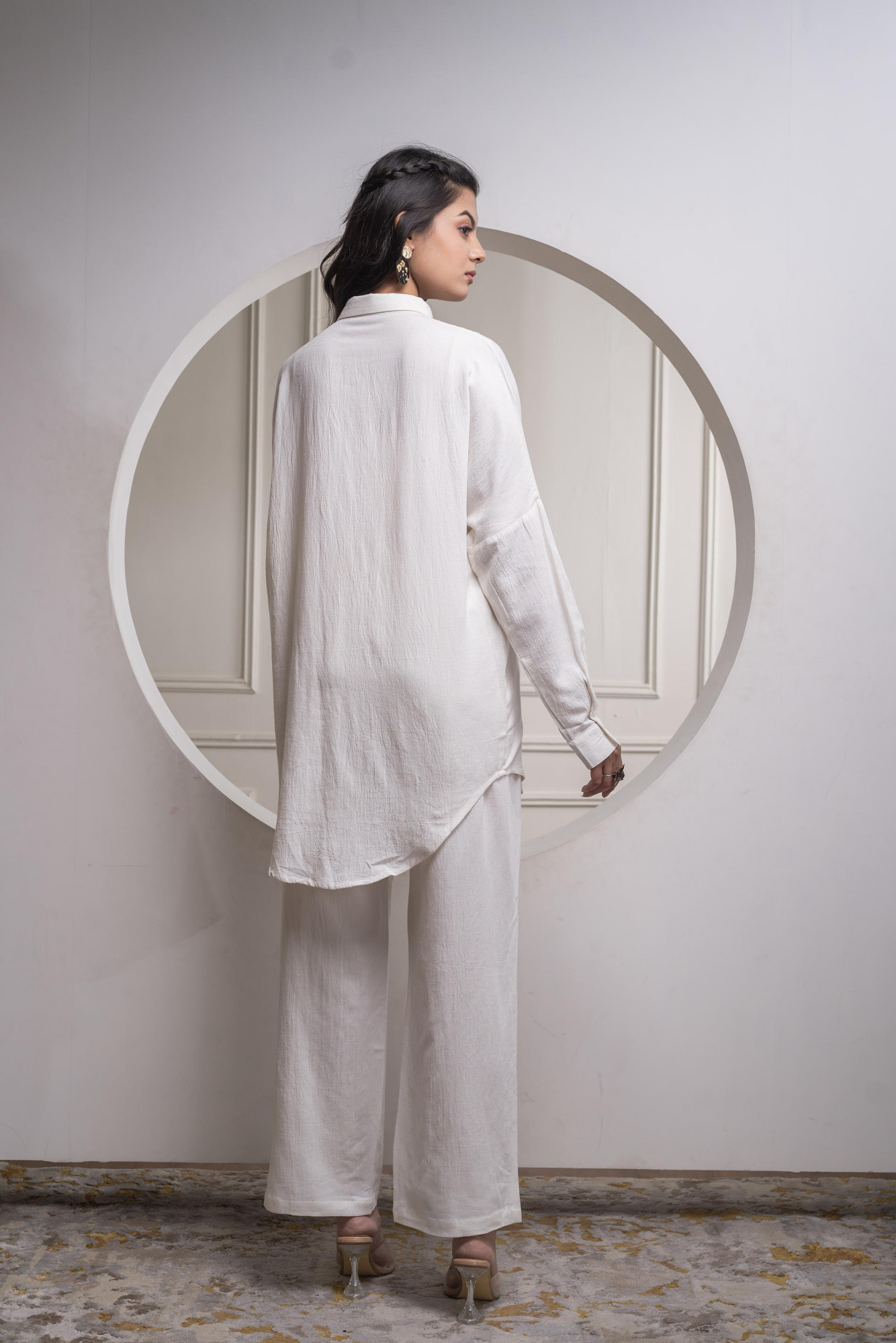 Viscose Linen Off White Embroidered Shirt and Pant Co-Ord Set with Thared Work