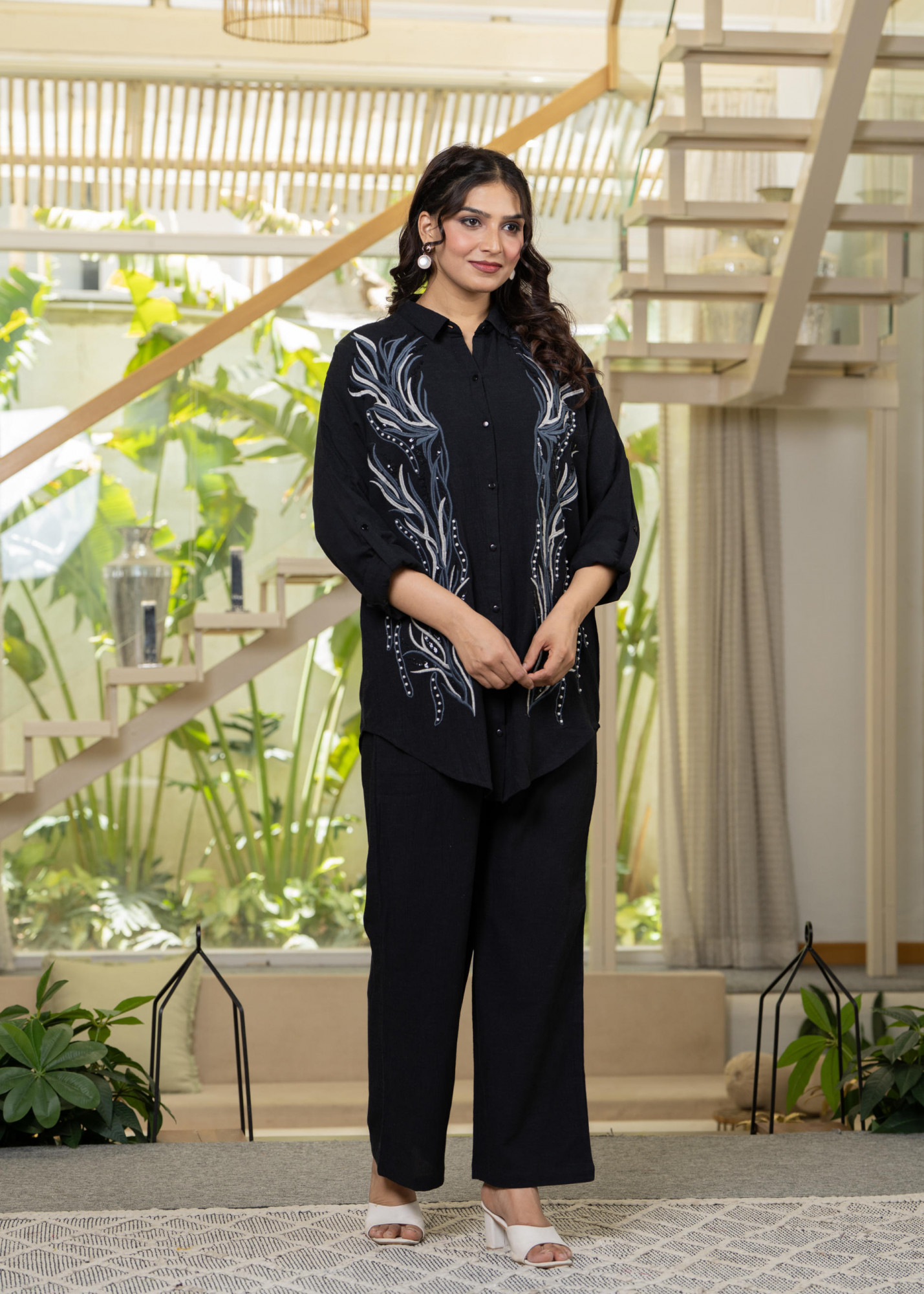 Black Embroidered Viscose Co-ord Set with Beads & Sequin Highlights