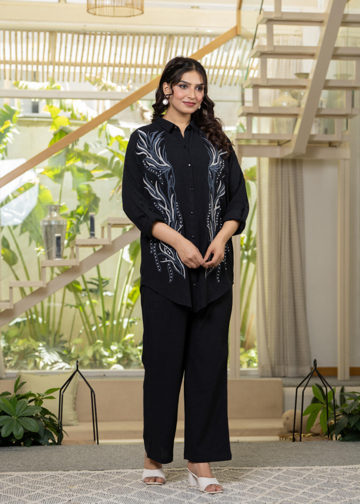 Black Embroidered Viscose Co-ord Set with Beads & Sequin Highlights