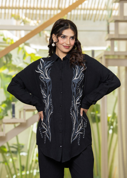 Black Embroidered Viscose Co-ord Set with Beads & Sequin Highlights