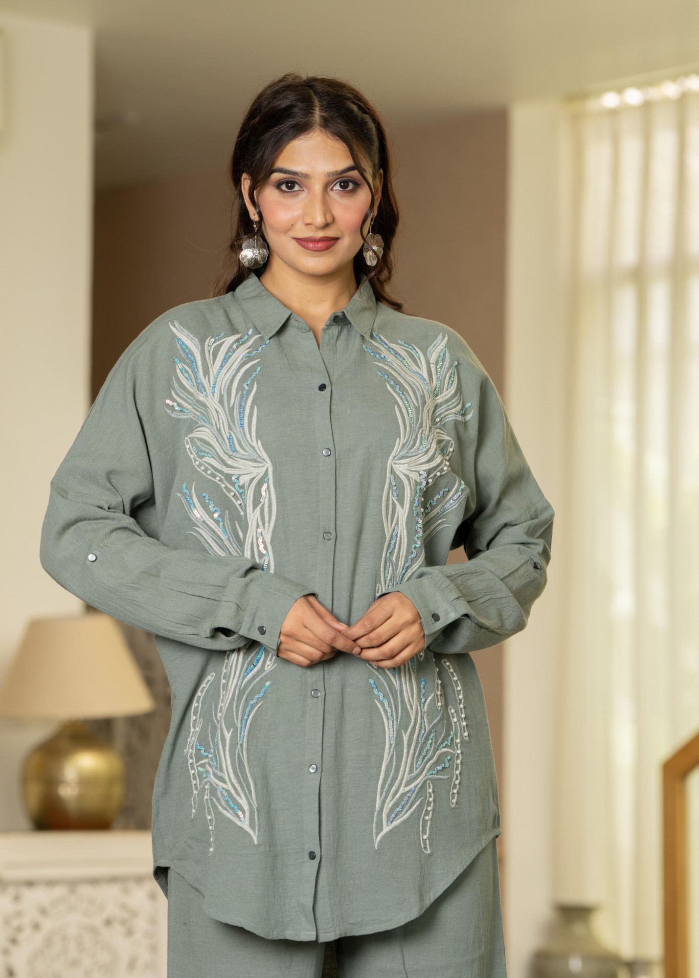 Sage Green Embroidered Viscose Co-ord Set with Beads & Sequin Accents