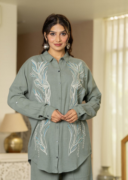 Sage Green Embroidered Viscose Co-ord Set with Beads & Sequin Accents