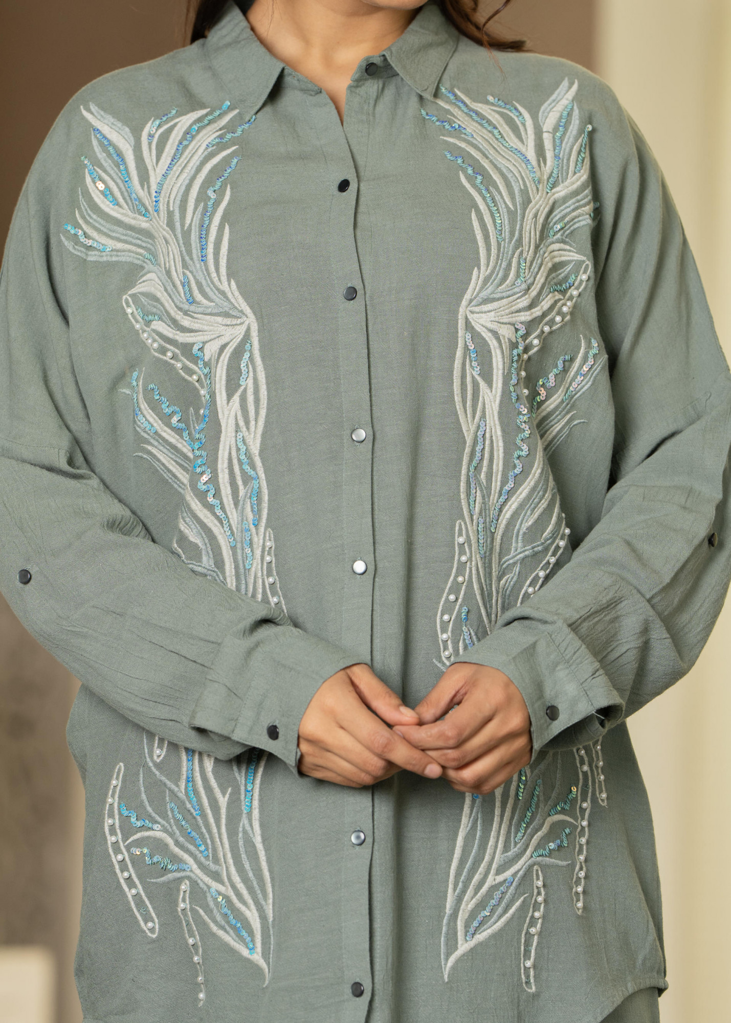 Sage Green Embroidered Viscose Co-ord Set with Beads & Sequin Accents