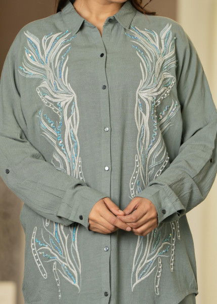 Sage Green Embroidered Viscose Co-ord Set with Beads & Sequin Accents