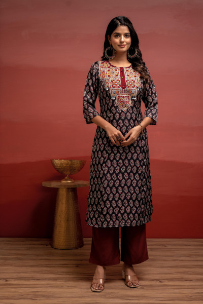Black Floral Poly Kurta and Pants Set with Mirror, Thread Work and Telesales Detail