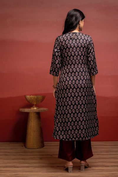 Black Floral Poly Kurta and Pants Set with Mirror, Thread Work and Telesales Detail