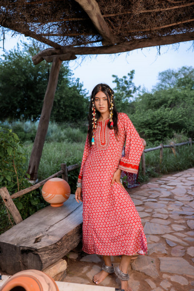 Red Embroidered A-Line Kurta with Mirror & Thread Work