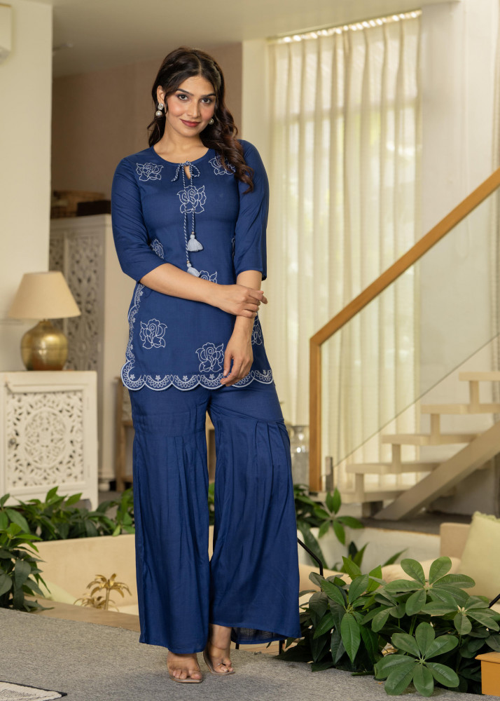 Navy Solid Viscose Tunic and Pants Co-ord Set with Thread Work and Sequence