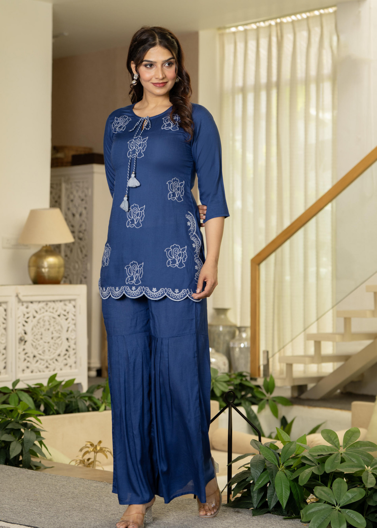 Navy Solid Viscose Tunic and Pants Co-ord Set with Thread Work and Sequence