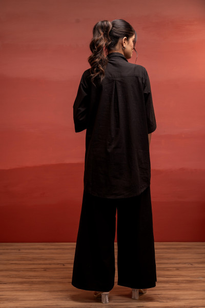 Black Solid Cotton Shirt and Pants Co-ord Set with Thread Work