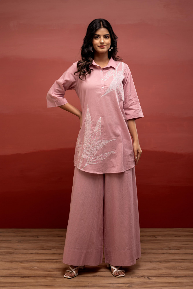 Onionpink Solid Cotton Shirt and Pants Co-ord Set with Thread Work