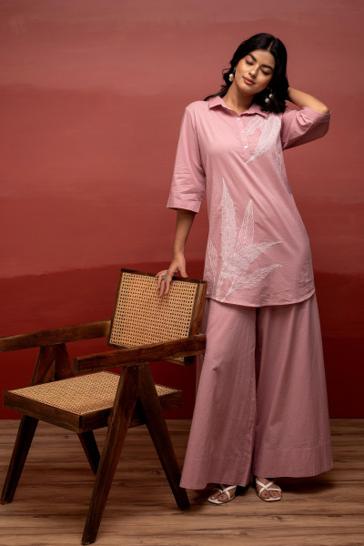 Onionpink Solid Cotton Shirt and Pants Co-ord Set with Thread Work