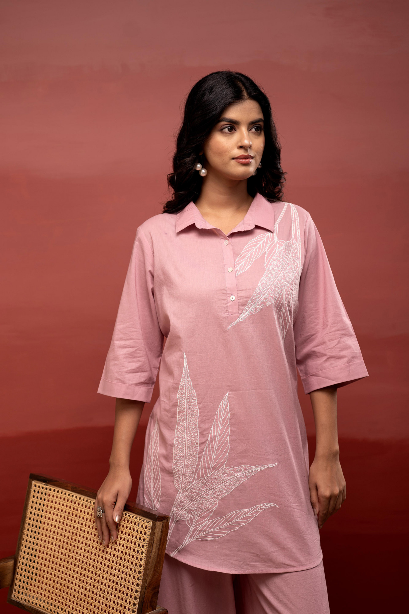 Onionpink Solid Cotton Shirt and Pants Co-ord Set with Thread Work