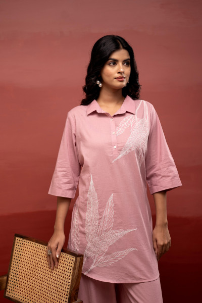 Onionpink Solid Cotton Shirt and Pants Co-ord Set with Thread Work