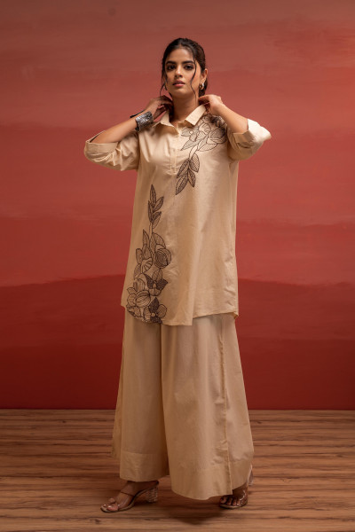 Beige Solid Cotton Shirt and Pants Co-ord Set with Thread Work